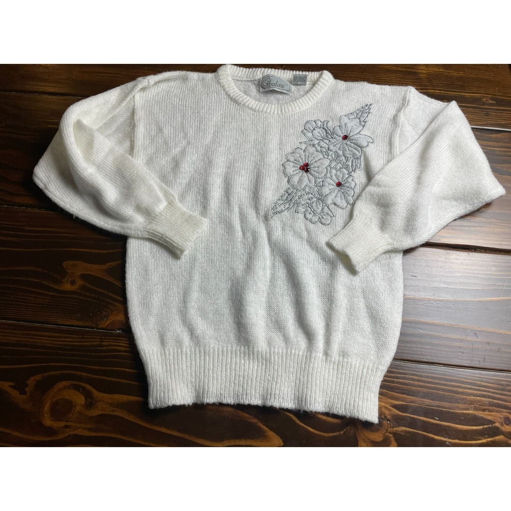 Andene Sweater, Women's Size Medium, White, Jeweled, Vintage, Pullover